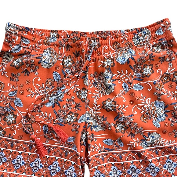 J JILL | NWOT ORANGE ZINNIA FLORAL DRAWSTRING SHORTS TASSELS BORDER PRINT | XS - Picture 2 of 9